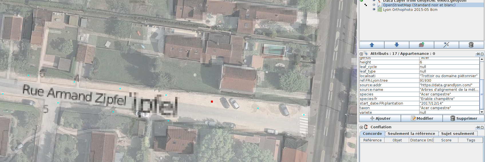 Capture d'écran de JOSM dans une rue en travaux, la photo aérienne est de 2015 les plantations indiquées en fin 2017
