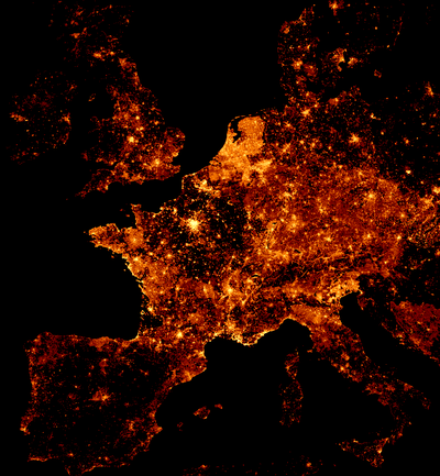 map showing the colourised node density of OpenStreetMap data