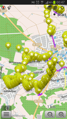 Aufgezeichnete Wegpunkte (gelb) und Wege (lila)