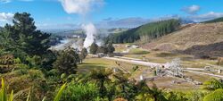 Many geothermal bores feeding into a network of pipelines