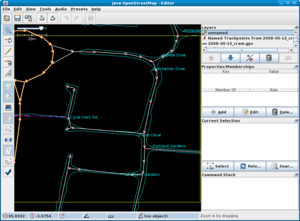 JOSM Screenshot, showing a track and marks surveyed using Maemo-mapper